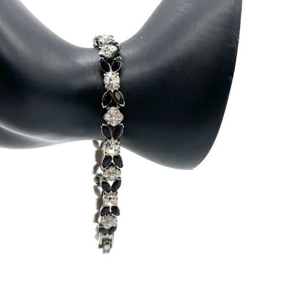 Monet Tennis Bracelet Silver Tone with accent Onyx and Crystals - Picture 1 of 7